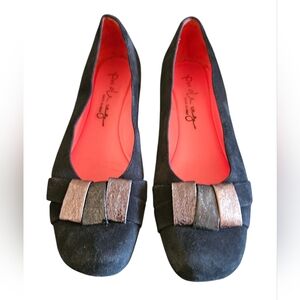 Pas de Rouge Black Suede Wedge  Metallic Pewter Loafers  Size 40.5